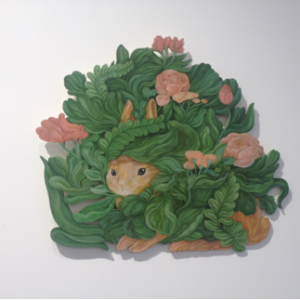 <strong>Bunny Nests: Among the Foliage</strong>, 2015<br>13 x 15"<br>Gouache on Wood Panel