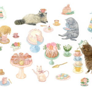 <strong>High Tea Kitties</strong>, 2015<br>5 x 9"<br>Gouache on Paper