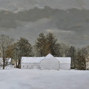 <strong>White Barn On The Saint Lawrence</strong>, 2022<br>24" x 48"<br>Egg Tempera on True Gesso Cradled Birch Panel